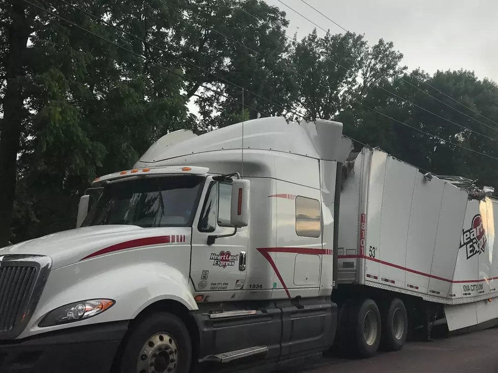 Semi following bridge mishap in Faribault. picture by Gordy Kosfeld