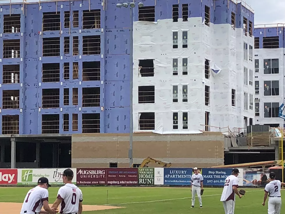 Triton Warm Up Before Second Game in Rochester. Notice the Apartment Buildings Behind the Right Field Fence. Photo by Gordy Kosfeld