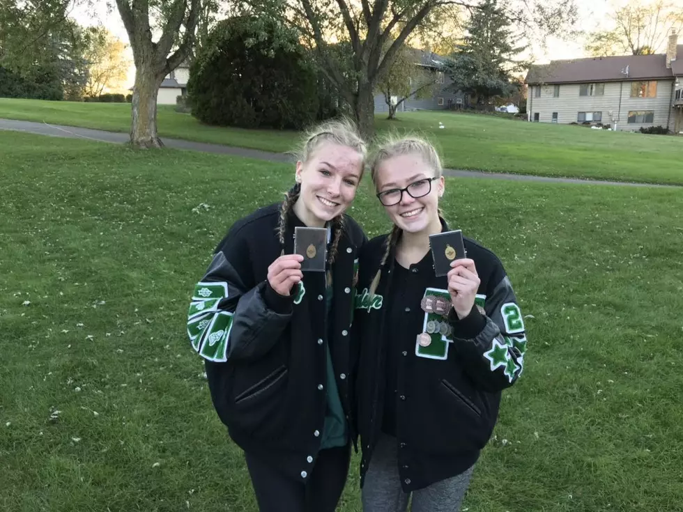 Big Nine Conference Cross Country Champion Madelyn Skjeveland and 5th place finisher Ruby Gernandt. Photo from Falcon Cross Country