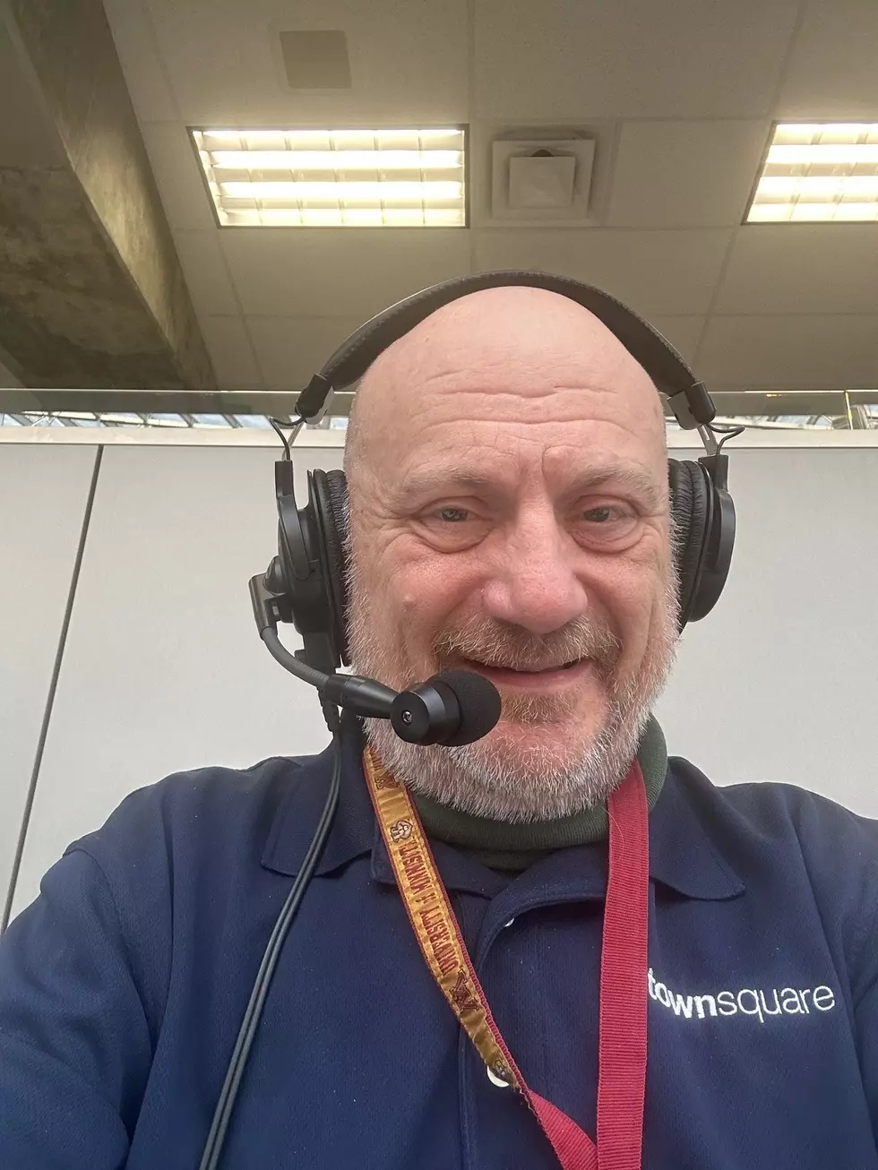 Gordy Kosfeld KDHL Radio in US Bank Stadium Press Area during Class AA Semifinals game between Cannon Falls and Eden Valley/Watkins.  Selfie Photo